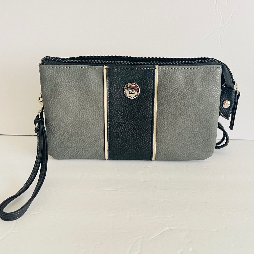 Stone Mountain Crossbody Wristlet Bag Pebbled Leather Gray Black Silver Hardware